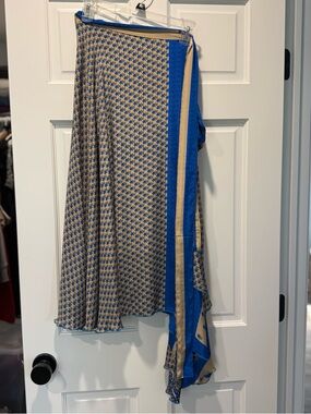 Silk Blue and Tan Patterned wrap Reversible Women's Midi Skirt/Dress/Top